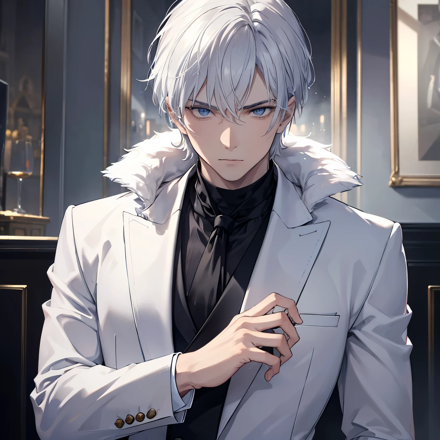 A Russian man with polar white hair and eyes, one gray and the other blue, exudes an air of sophistication. He is elegantly dressed in a dark suit consisting of a white shirt, black tie, and a turtleneck underneath. In contrast to his formal attire, he wears leather gloves and dons a black fur coat, adding a touch of ruggedness to his look. In his hand, he holds a cigar from an expensive brand. The image is a masterpiece, exuding a high level of detail and precision. This ultradetailed, high-resolution photograph captured in 1.4 Realistic or Photorealistic SA1 settings showcases his striking features, the rich
