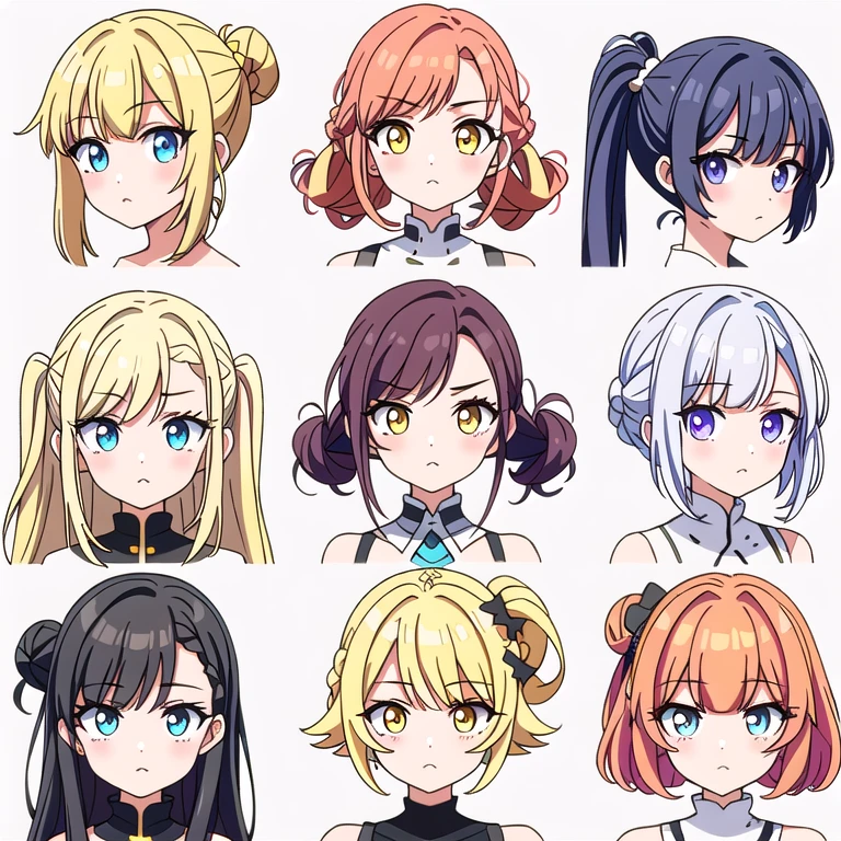 9 girls, white background, different characters, multiple views, (Close up heads, portrait, mugshot), bra, bare shoulders, bikini, different hair colors, different hair styles, multiple expressions,
twin-tail hair style,
pony-tail hair, wavy
long hair,
braid,
parted bangs,
high ponytail,
low ponytail,
big hair, cornrows,
hair bun,
hair rings,
half updo hairstyle,
diagonal bangs,
two side up hair,
flipped hair,
blunt bangs,
warm-toned hair colors,
cool-toned hair colors,
brown hair color,
red hair color,
yellow hair color,
white hair color,
purple hair color,
blue hair color,