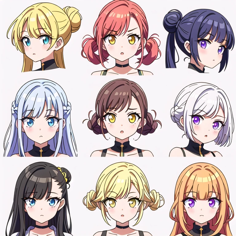 9 girls, white background,  different characters, multiple views, (Close up heads, portrait, mugshot), bra, bare shoulders, bikini, different hair colors, different hair styles, multiple expressions, 
twin-tail hair style, 
pony-tail hair, wavy 
long hair, 
braid, 
parted bangs, 
high ponytail, 
low ponytail, 
big hair, cornrows, 
hair bun, 
hair rings, 
half updo hairstyle, 
diagonal bangs, 
two side up hair, 
flipped hair, 
blunt bangs, 

warm-toned hair colors, 
cool-toned hair colors, 
brown hair color, 
red hair color, 
yellow hair color, 
white hair color, 
purple hair color, 
blue hair color,