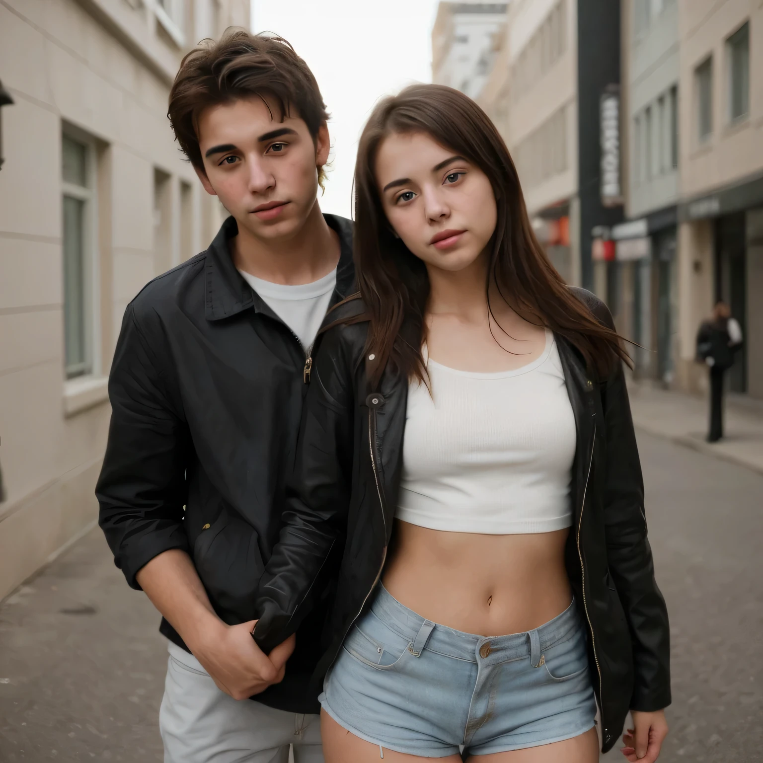 18 year old female and male outside a british pub holding each other , wearing jacket and bra , revealing pussy , many people , raised eyebrow , exposing shoulder , upturned nose ,  seductive expression , pouting lips , mouth open , sunlight , high detail , looking at viewer , clevage , holding breasts