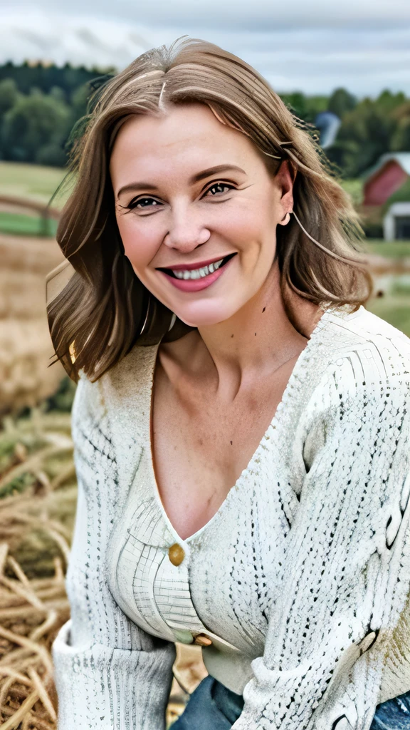 Photo of a mature white woman, Christian vibes, beautiful face, greying brunette hair, pale skin, slightly aged, 45 year old, happy (smiling), cable-knitted sweater, busty, cleavage, realistic skin texture, outdoors, farmland background, rural life, body directly facing camera, photorealistic 