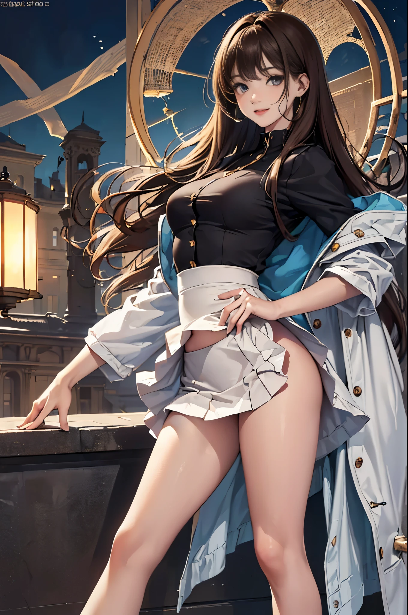 (Surreal)、(lamplight)、(A high resolution)、(8K)、(The content is very detailed)、(Best Best Illustration)、(beautidful eyes)、(quality)、(ultra - detailed)、(tmasterpiece)、(wall-)、(A detailed的the face)、solo、1 girl in、looking at viewert、Fine and detailed、A detailed的the face、In the darkness of the night、Depth shadows、low pitch、purebred face_v1、A smile、long、Black shawl straight hair、46 points oblique bangs,female student、(Brightly colored mini skirt,What about the lattice)、A smile, actual, realistically, hight contrast, photon maping, Authentic images, super detailing, low angles: 1.5, 1 girl, Alone: 1.5, pop star, Kaibo idol, dress up like k-pop, sexy for, Open your legs forward, Fancy makeup, blazer jacket: 1.3, short skirt: 1.3,, high-heels, M-shaped open legs: 1.3, Open your legs 180 degrees, with an open crotch: 1.3, long brown hair, wet white: 1.5, You can see it from under the skirt: 1.3, Height 170 cm,ctextured skin