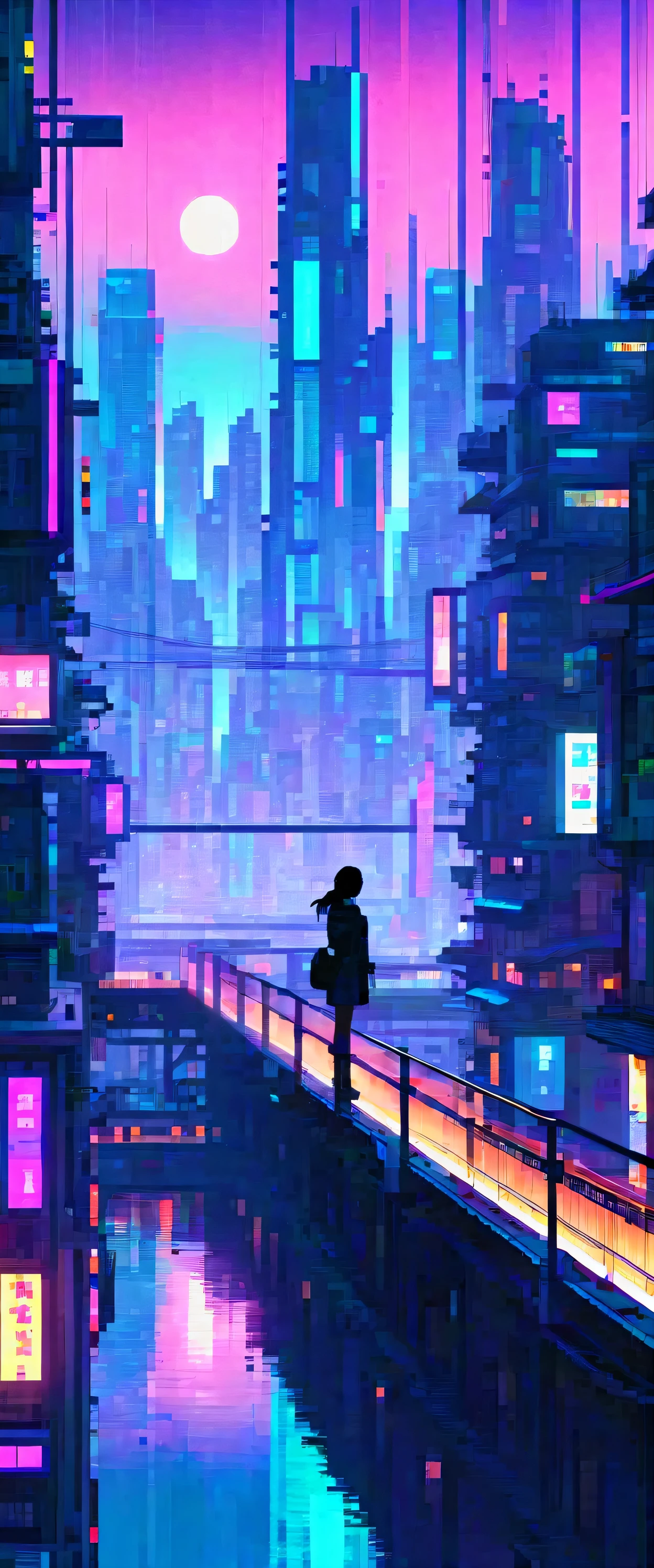 lo-fi, chill, Cyberpunk, Cidade, Cidade do futuro, Futurismo, tons de azul e roxo, Lovely, Detailed buildings, Very tall and majestic tall buildings, night time, Beleza, Beleza, ao ar livre, uma lua grande, The atmosphere is disturbing, On the bridge is a small black silhouette of a young girl
