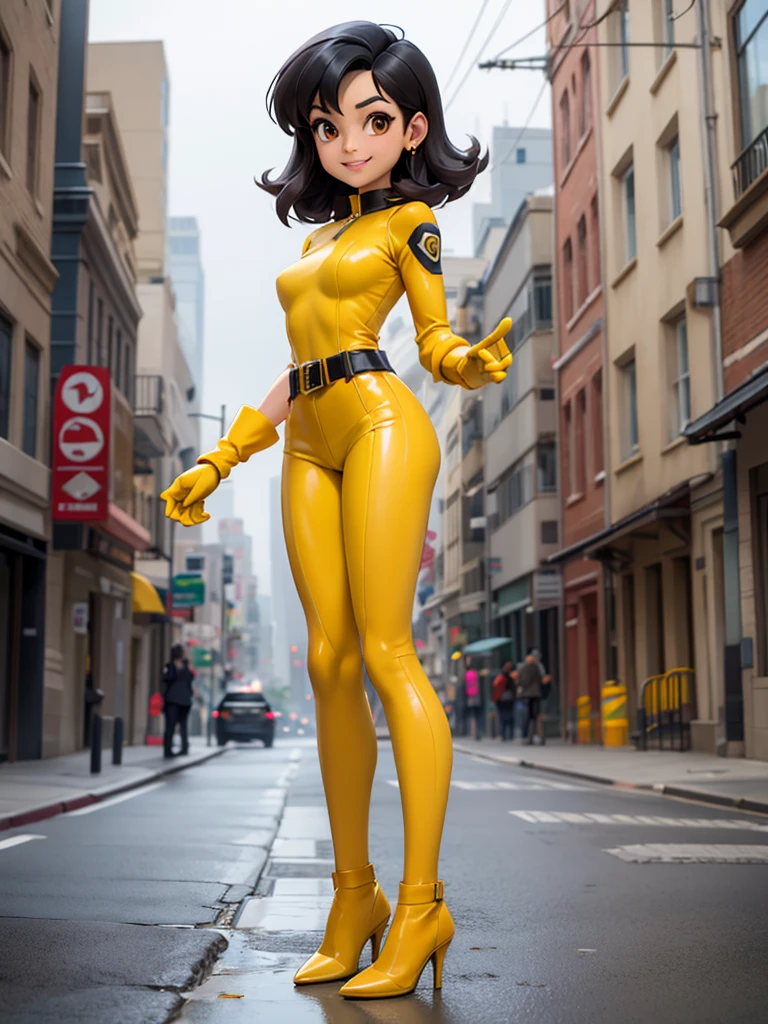 alex, totally spies, short black hair, brown eyes, yellow bodysuit, belt, gloves, heels, looking at viewer, smiling, full body shot, standing, outside, street, cityscape, overcast, high quality, masterpiece
