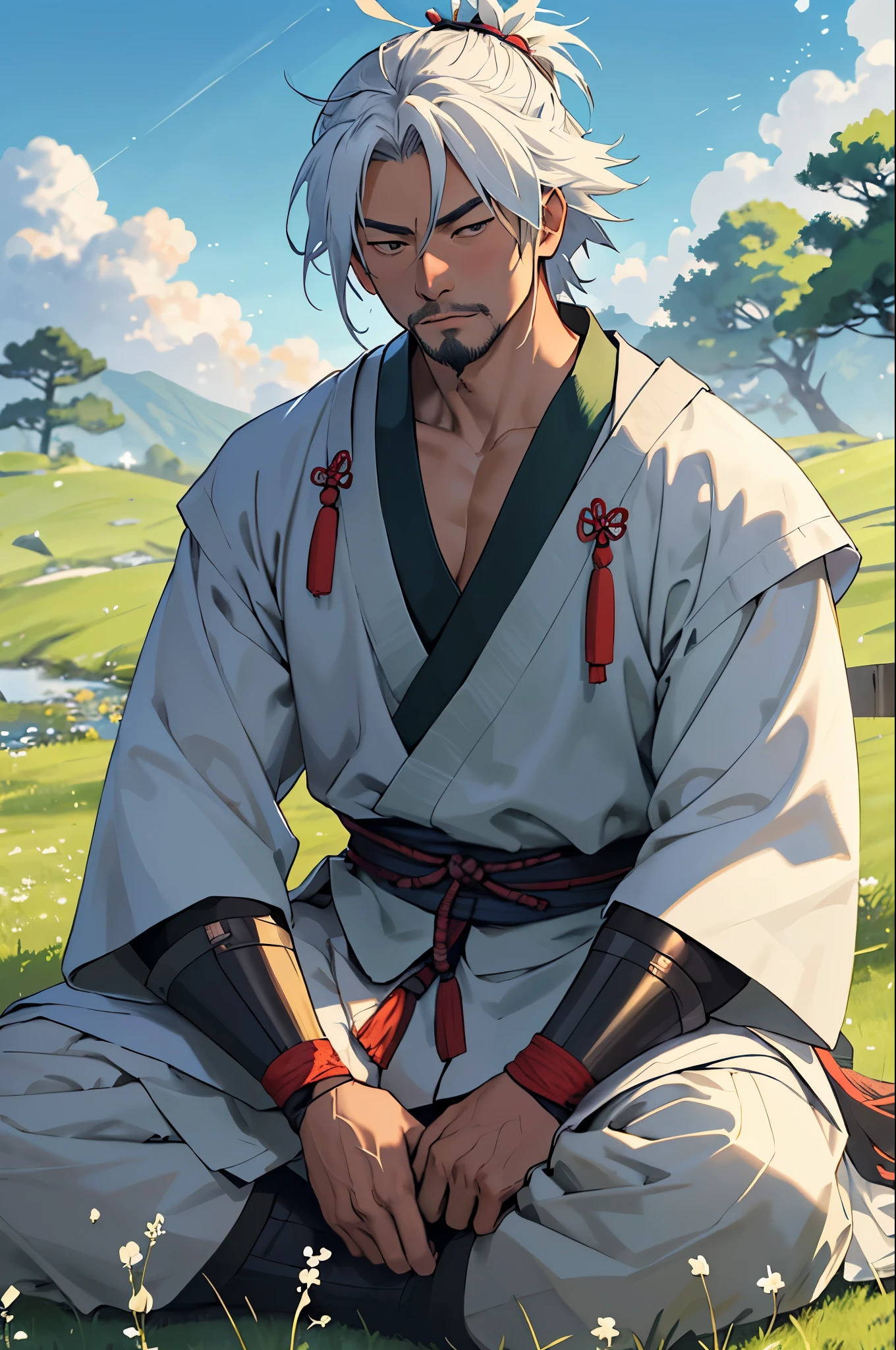(best quality,4k,highres,masterpiece:1.2),ultra-detailed,realistic:1.37,very large giant muscular samurai,manly,light brown skin,black hair in a samurai bun,short and sparse beard,defined chin,sitting on the ground leaning against a wall,looking at the horizon,traditional samurai armor with intricate details,sharp katana resting beside him,serene expression with piercing eyes,rays of sunlight illuminating his face and armor,majestic background with cherry blossom trees in full bloom and a cascading waterfall,subtle wind blowing through his hair,creating a sense of motion,deep and vibrant colors with a warm overall tone,ambient lighting casting soft shadows to enhance the atmosphere,authentic traditional Japanese art style portraying the beauty and elegance of the samurai culture.