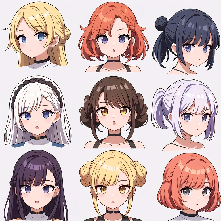 9 girls, white background, different characters, multiple views, (Close up heads, portrait, mugshot), bra, bare shoulders, bikini, different hair colors, different hair styles, multiple expressions,
twin-tail hair style,
pony-tail hair, wavy
long hair,
braid,
parted bangs,
high ponytail,
low ponytail,
big hair, cornrows,
hair bun,
hair rings,
half updo hairstyle,
diagonal bangs,
two side up hair,
flipped hair,
blunt bangs,
warm-toned hair colors,
cool-toned hair colors,
brown hair color,
red hair color,
yellow hair color,
white hair color,
purple hair color,
blue hair color,