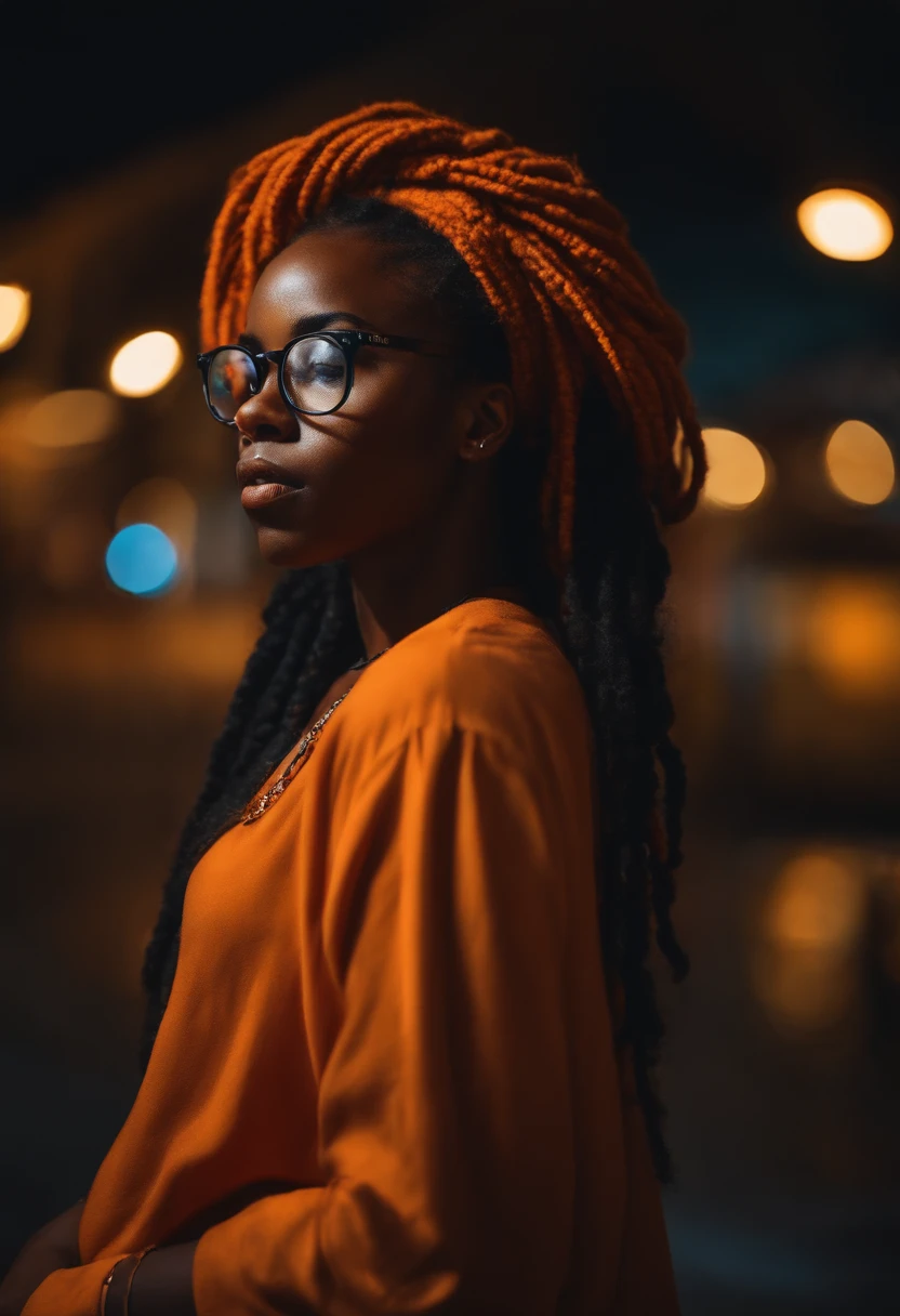 Black Girl with orange dreadlocks and glasses,deep in thought