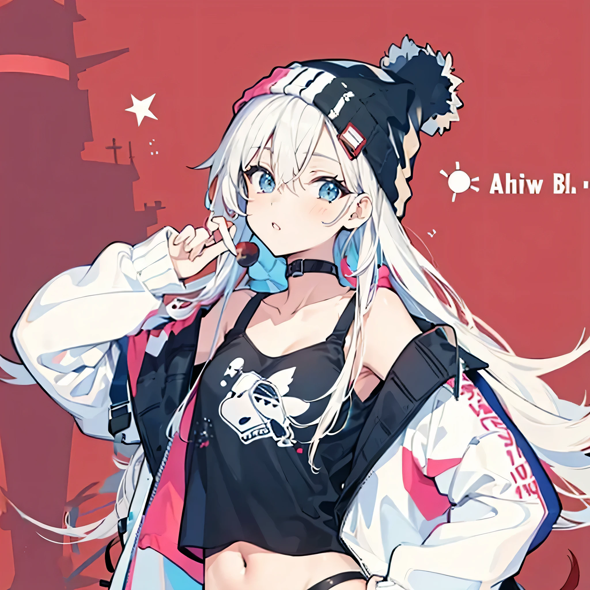  beanie, closed one eye, lollipop, Jacket, shirt, long sleeve, belt, open clothes, See-through, full body, crop top, open Jacket, sneakers, abdomen, white Jacket, black shirt, holding candy, black hat, clavicle, put your hand on your waist, smile, nail polish, looking at the viewer, tongue out, Holding lollipop, tongue, Raise your hand, belly button,
