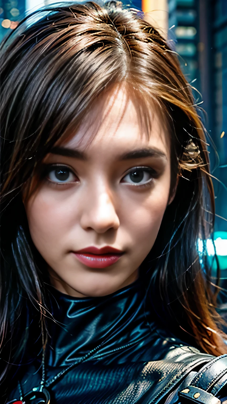 (((close up of face))), highest quality, realistic, realistic, award-winning illustrations, (intricate details: 1.2), (delicate details), (intricate details), (cinematic light, highest qualityのバックライト), clear line, sharp focus, official art, unity 8k wallpaper, absurd, incredibly absurd, Large archive files, Ultra- (in_main visual_street: 1.21), (neon lamp), fantasy art, nffsw, ((Close-up photos of the award-winning Studio Triangle)), 1 girl, incredibly beautiful, (Perfect smiling mouth), small breasts,((cyberpunk cityscape, Valkyrie,knife, robot arm)),Precise in beautiful eyes,perfect face,(cyberpunk blouse, leather jacket, Martin Boots),(perfect hands and fingers),(pleated skirt)), ((Supermodel Bag)), (close up of face),