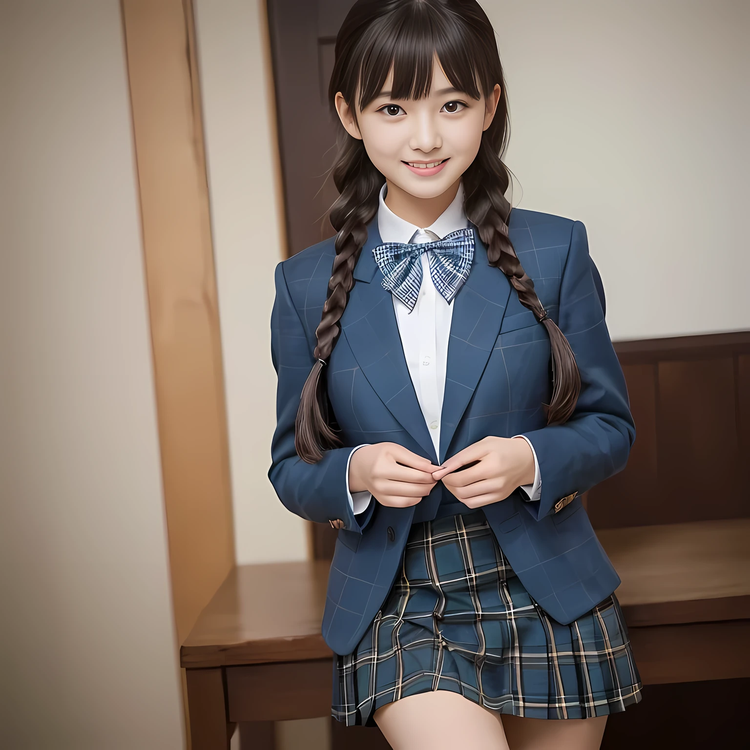 (highest quality、masterpiece:1.2)、highest quality、realistic、photograph、High resolution、1080p、8K、rough skin、physical rendering、one Japanese girl、、cute, 13 years old, , (((big very detailed beautiful dark brown eyes))), ((girly large wine-red glossy polyester Japanese school ribbon bow tie)), ((((very beautiful long braids hair)))), ((((dark blue blue blue & deep navy colored tartan checkered formal longer pleated skirt)))), ((A formal dark blue blazer that is slightly oversized and has an emblem on the left chest.)), ((Watching the viewer and laughing)), Very fun, Very happy, mouth is open, the skirt is so cute, detailed fingers, modest chest, ((curled bangs)), so beautiful, long eyelashes, (((Touching your hair with your hands))), ((The impressive and very, very, very cute eyes of a Japanese girl)), double eyelids, The entire skirt is photographed, Very cute face, thin sagging eyebrows, Drooping eyes