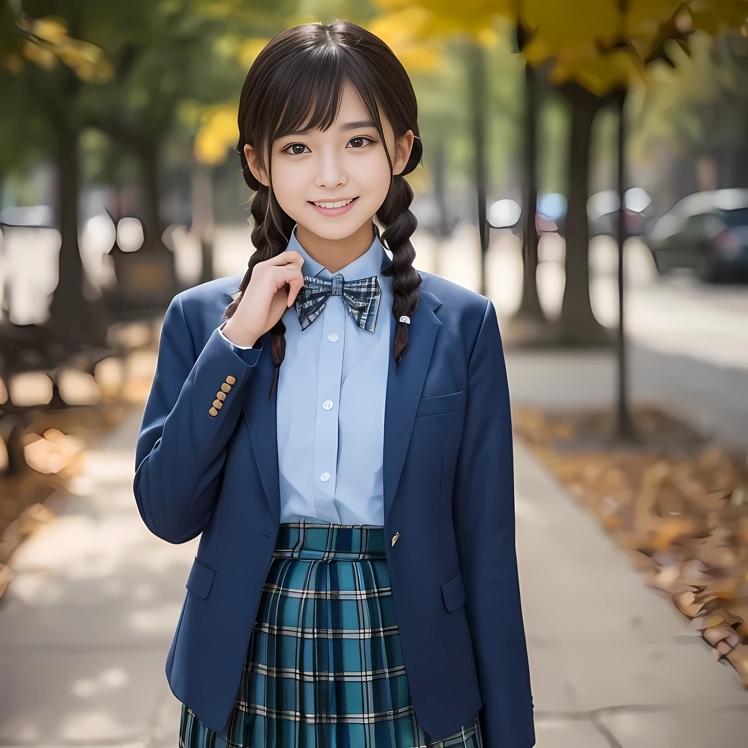 (highest quality、masterpiece:1.2)、highest quality、realistic、photograph、High resolution、1080p、8K、rough skin、physical rendering、one Japanese girl、、cute, 13 years old, , (((big very detailed beautiful dark brown eyes))), ((girly large wine-red glossy polyester Japanese school ribbon bow tie)), ((((very beautiful long braids hair)))), ((((dark blue blue blue & deep navy colored tartan checkered formal longer pleated skirt)))), ((A formal dark blue blazer that is slightly oversized and has an emblem on the left chest.)), ((Watching the viewer and laughing)), Very fun, Very happy, mouth is open, the skirt is so cute, detailed fingers, modest chest, ((curled bangs)), so beautiful, long eyelashes, (((Touching your hair with your hands))), ((The impressive and very, very, very cute eyes of a Japanese girl)), double eyelids, The entire skirt is photographed, Very cute face, thin sagging eyebrows, Drooping eyes