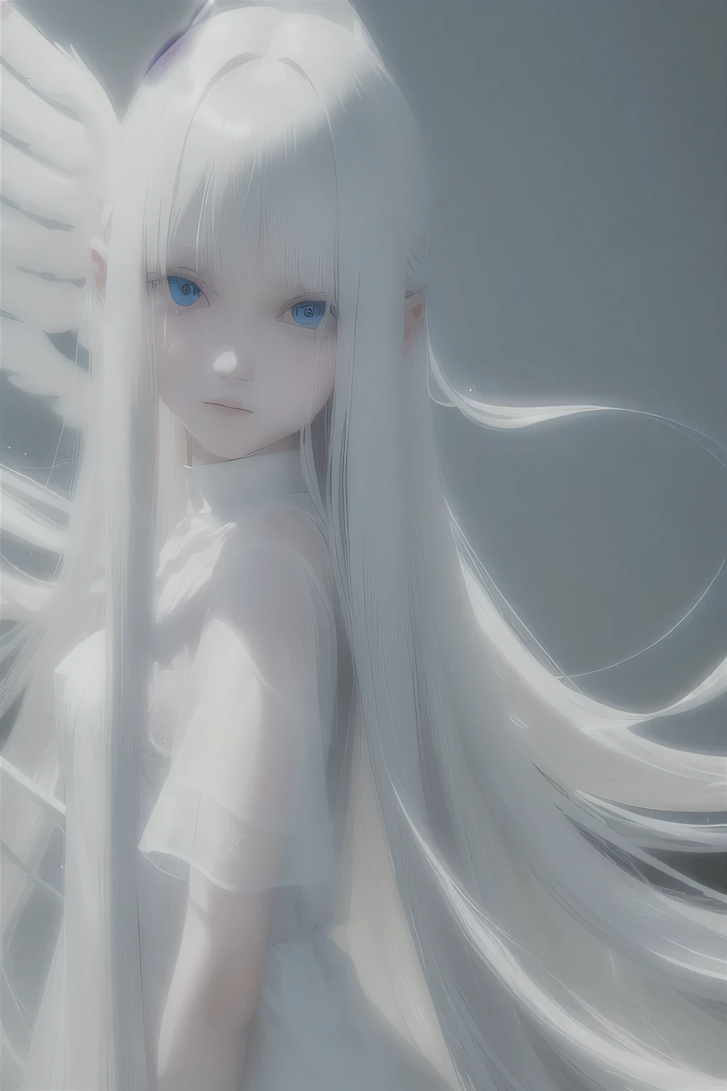 (Transparent white glossy skin, 20 year old cute beautiful face, Big eyes that shine in clear light blue, Beautiful straight super long natural blonde hair, long bangs, turn this way),angel wings,