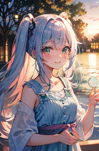 (rainbow colored hair, colorful hair, 半分はsilver、half pink hair: 1.2), ,long hair、(Cinematic digital artwork: 1.3), high quality, table top, Turquoise eyes、最high qualityの, Super detailed, figure, [4K digital art]!!、 Kyoto animation style, one woman, clavicleの美しさ, clavicle, light, want, , positive, Dead leaves dance、（Ocean、sandy beach）、full moon、On a tree-lined street、taking a walk、((green、trendy clothes))、（（silver、checked unset, motivation,shine, dynamic perspective、Blue glasses、green色リボン、twin tails、embarrassed face、cute face、happy face
