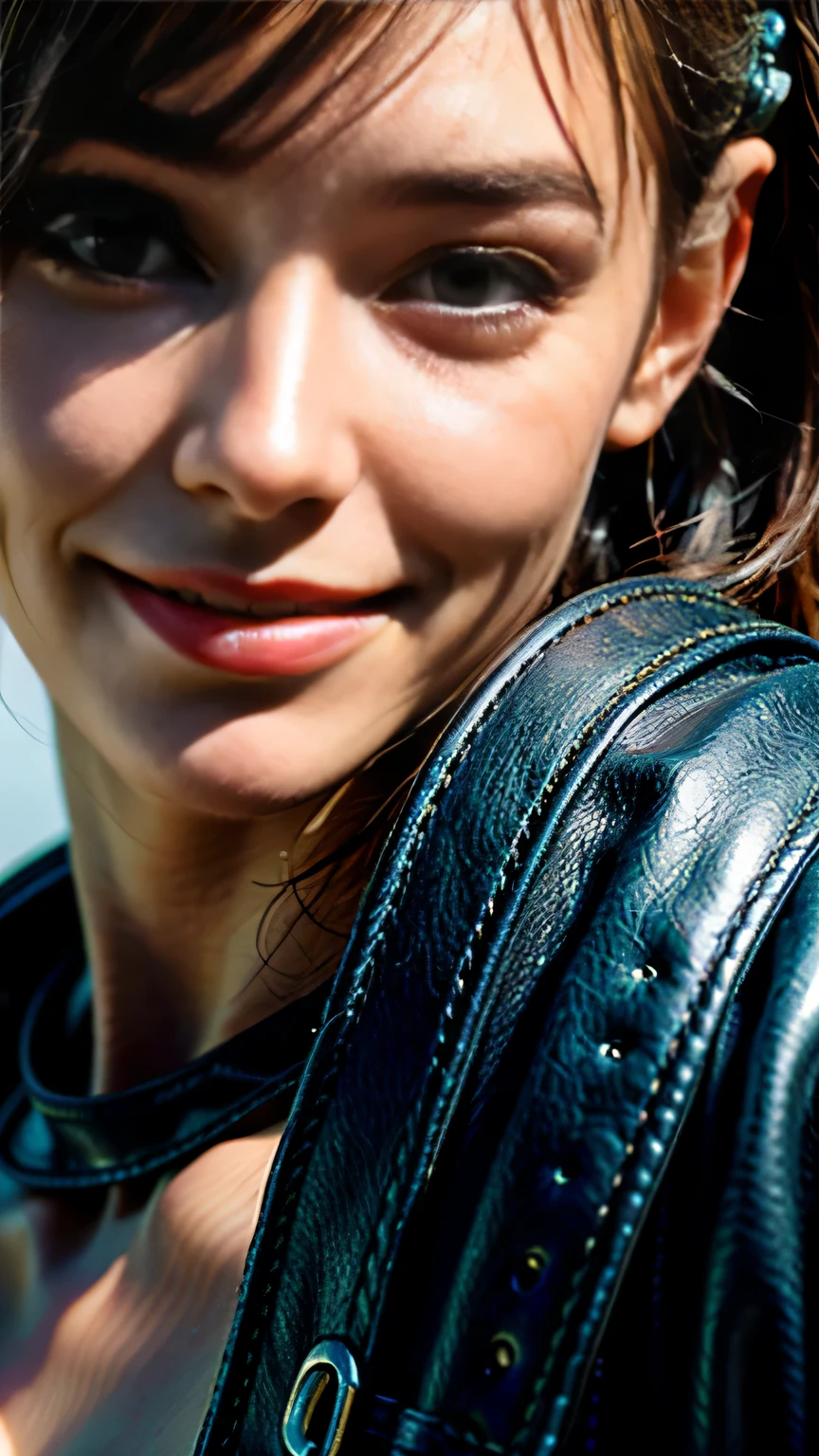 (((close up of face))), highest quality, realistic, realistic, award-winning illustrations, (intricate details: 1.2), (delicate details), (intricate details), (cinematic light, highest qualityのバックライト), clear line, sharp focus, official art, unity 8k wallpaper, absurd, incredibly absurd, Large archive files, Ultra- (in_main visual_street: 1.21), (neon lamp), fantasy art, nffsw, ((Close-up photos of the award-winning Studio Triangle)), 1 girl, incredibly beautiful, (Perfect smiling mouth), small breasts,((cyberpunk cityscape, Valkyrie,knife, robot arm)),Precise in beautiful eyes,perfect face,(cyberpunk blouse, leather jacket, Martin Boots),(perfect hands and fingers),(pleated skirt)), ((Supermodel Bag)), (close up of face),
