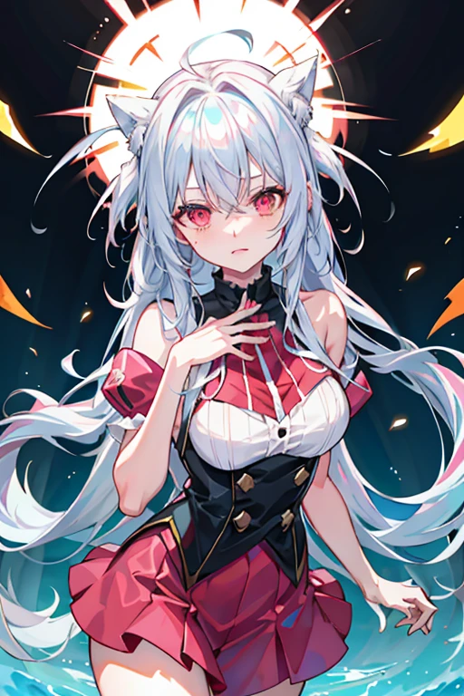 silver hair, hair between eyes, long hair, hair on shoulders, aqua eye, red eyes, キラキラshine瞳孔, blush, I was scared, nervous, panicked, anaglyph, atmospheric perspective, stereogram, god&#39;s light, ray tracing, shine, first person perspective, close, 8K, Super detailed, Accurate, highest quality