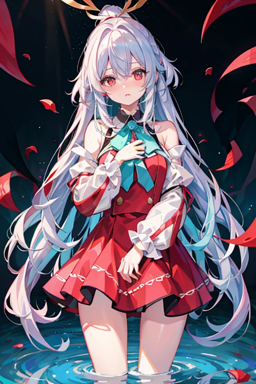silver hair, hair between eyes, long hair, hair on shoulders, aqua eye, red eyes, キラキラshine瞳孔, blush, I was scared, nervous, panicked, anaglyph, atmospheric perspective, stereogram, god's light, ray tracing, shine, first person perspective, close, 8K, Super detailed, Accurate, highest quality