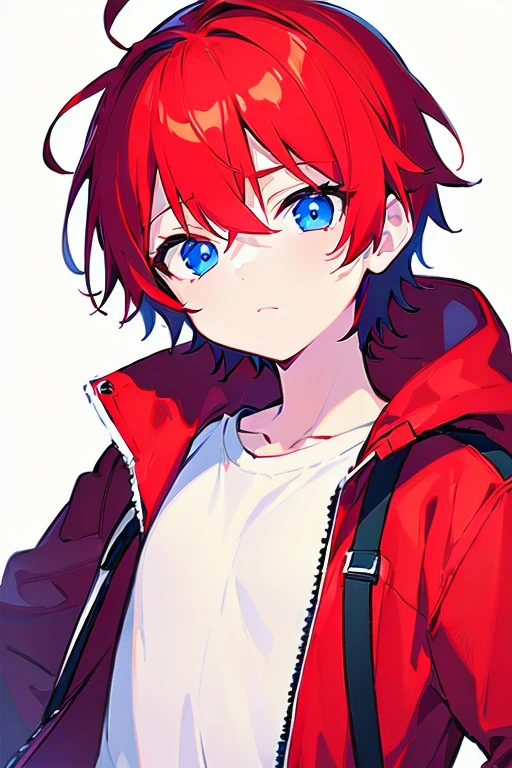 [(WHITE BACKGROUND:1.5),::5], ((((masterpiece)))), high quality, ultra_very_high_resolution, large_filesize, full color, (((solo))), (()), ((red color short hair)), blue eyes, anime, upper body, neon light, black parka, upperbody,