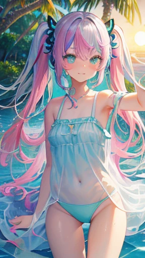 (rainbow colored hair, colorful hair, half silver、half pink hair: 1.2), ,long hair、(Cinematic digital artwork: 1.3), high quality, table top, Turquoise eyes、最high qualityの, Super detailed, figure, [4K digital art]!!、 Kyoto animation style, one woman, clavicleの美しさ, clavicle, light, want, , positive, Dead leaves dance、（Ocean、sandy beach）、full moon、On a tree-lined street、taking a walk、((green、trendy clothes))、（（white、chest is visible、see-through one-piece swimsuit、baby doll））、sunset, motivation, shine, dynamic perspective、Blue glasses、green色リボン、twin tails、embarrassed face、cute face、happy face