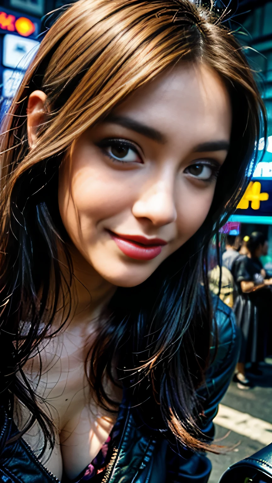 (((close up of face))), highest quality, realistic, realistic, award-winning illustrations, (intricate details: 1.2), (delicate details), (intricate details), (cinematic light, highest qualityのバックライト), clear line, sharp focus, official art, unity 8k wallpaper, absurd, incredibly absurd, Large archive files, Ultra- (in_main visual_street: 1.21), (neon lamp), fantasy art, nffsw, ((Close-up photos of the award-winning Studio Triangle)), 1 girl, incredibly beautiful, (Perfect smiling mouth), small breasts,((cyberpunk cityscape, Valkyrie,knife, robot arm)),Precise in beautiful eyes,perfect face,(cyberpunk blouse, leather jacket, Martin Boots),(perfect hands and fingers),(pleated skirt)), ((Supermodel Bag)), (close up of face),