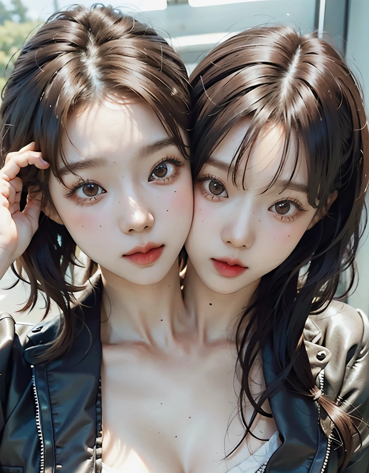 bestresolution, (2heads:1.2), two asian women with long hair and short bangs posing for a picture, korean symmetrical face, twintails hairstyle, beautiful gemini twins portrait, with same hairstyle, with short hair, beautiful highly symmetric faces, short brown hair with bangs, stunning anime face portrait, beautiful japanese girls face, kawaii realistic portrait, short pigtails hair, cute natural anime face