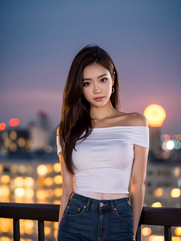 ((midnight, best quality, 8 thousand, masterpiece :1.3)), whole body, long legs, sharp focus :1.2, pretty girl with perfect body :1.4, slim abs :1.1, ((dark brown hair, big bust :1.2)), (white tight t-shirt, bib jeans, standing:1.2), ((night city view, rooftop:1.3)), Highly detailed face and skin texture, detailed eyes, double eyelid, sunset, become dark, backlight, off shoulder