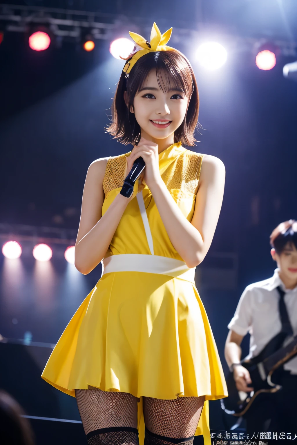 
1 girl, (Wearing a bright yellow idol costume:1.2), Photo collection of very beautiful Japanese idols, 
(Raw photo, highest quality), (realistic, Photoreal:1.4), (masterpiece), 
very delicate and beautiful, very detailed, 2k wallpaper, wonderful, finely, very detailed CG Unity 8K 壁紙, Super detailed, High resolution, soft light, 
beautiful detailed girl, very detailed目と顔, beautifully detailed nose, finelyて美しい目, cinematic lighting, 
(idol concert:1.4), (The background is a stage:1.3),
(short hair),
complete anatomy, slender body, small, smile