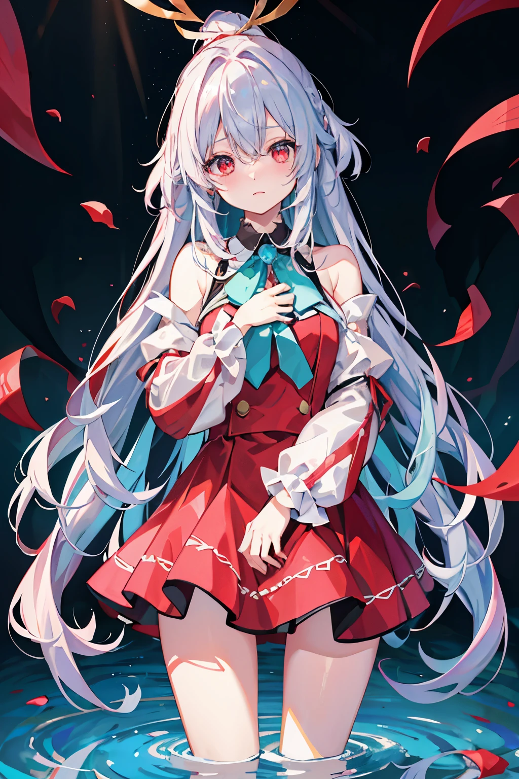 silver hair, hair between eyes, long hair, hair on shoulders, aqua eye, red eyes, キラキラshine瞳孔, blush, I was scared, nervous, panicked, anaglyph, atmospheric perspective, stereogram, god's light, ray tracing, shine, first person perspective, close, 8K, Super detailed, Accurate, highest quality