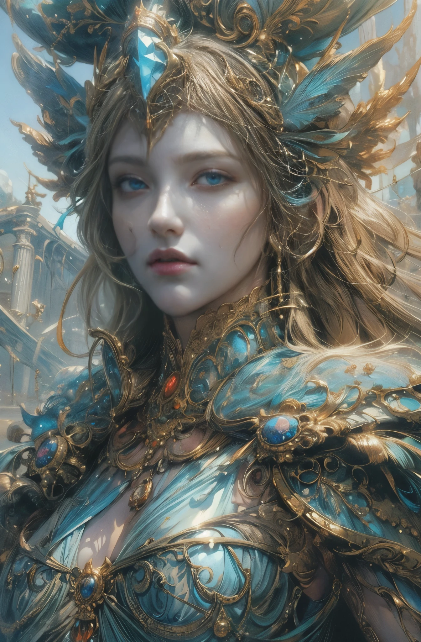 Goddess of war and wisdom, A military genius, Patron goddess of the city, Treasures of Olympus, Greek patron goddess, goddess athena, Perfect model body shape, Beautiful female knight, Invincible female general, majestic hall々, dignity, sacred, 4K fantasy art, Written by Gene Jay., fantasy art style, 2. 5D CGI Anime Fantasy Artwork, epic fantasy art style hd, Epic fantasy digital art style, detailed fantasy art, Detailed digital 2D fantasy art, Luan Jia and Artgerm, 8K fantasy art, sharp outline, very fine and beautiful eyes, Beautiful and delicate blue eyes, pretty much beautiful face, unparalleled beauty, masterpiece, highest quality, perfect angle, perfect composition, best shot, official art, cinematic light, very beautiful and fantastic scenery, chivalry dream, sense of presence, Michael&#39;S letter, Christoph Huge 、Ultra-precision coating, luminism, art by Carne Griffiths and What a bone concept art, 4K resolution, Fractal isometricdetailed bioluminescence , 3D rendering, octane rendering, intricately detailed , cinematic, Trending isometric surreal cover photos、art station&#39;amazing full color, handwritten, Defining a hit , cinematic,amazing background, abstract beauty,stand, approaching perfection, pure form, golden ratio, minimalistic, unfinished, concept art, Written by Brian Froud、khan griffith、What a bone、john william waterhouse, intricate details, 8K post production, High resolution, hyper detail, art stationのトレンド, studio photography, intricate details, Extremely delicate and detailed painting style, Beautiful painting art, greg latkowski, Close-up, women only