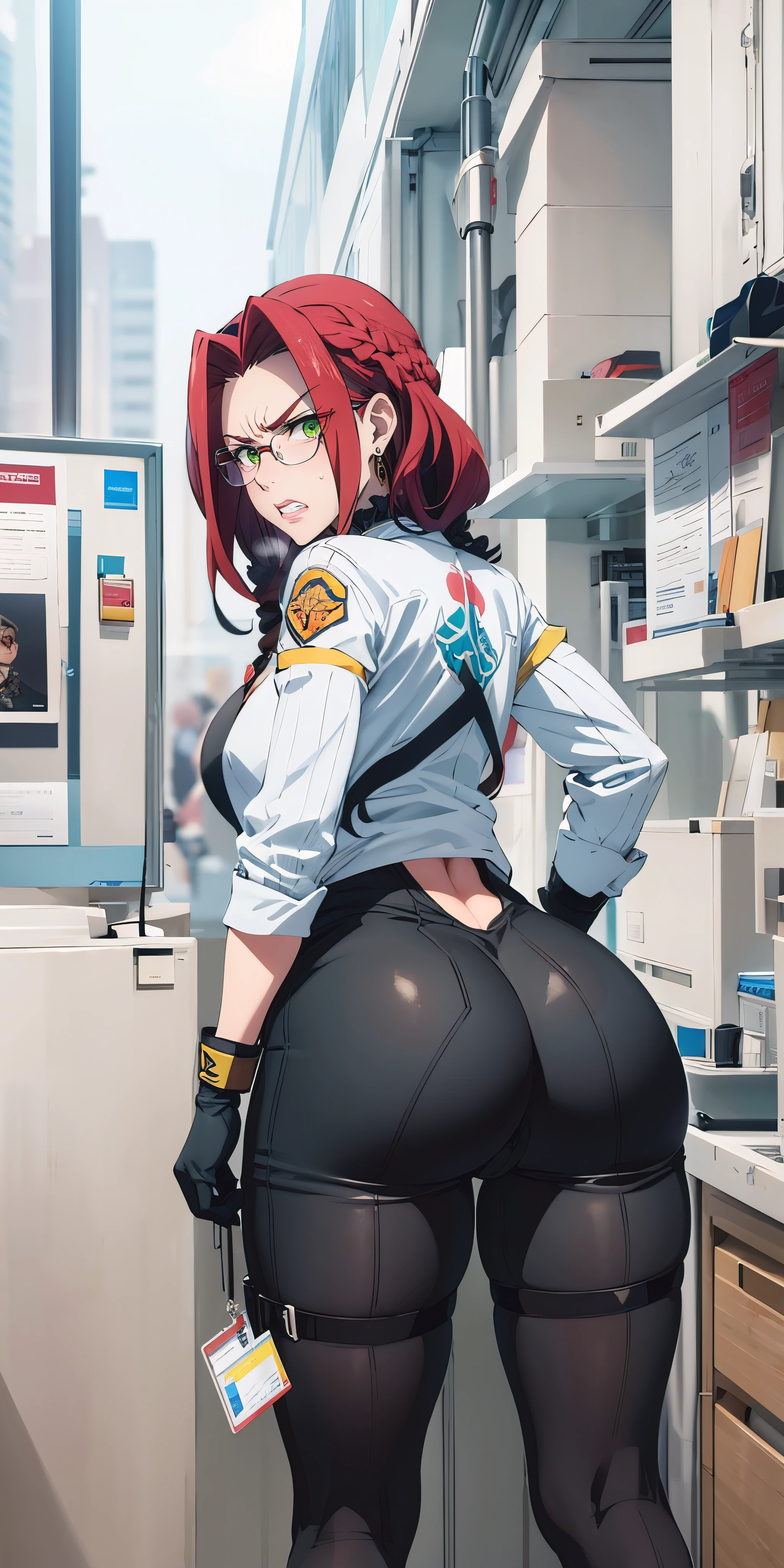 eft_shield_whor3, medium hair, red hair, green eyes,, curvy, anatomically correct, heavy breathing, huge breasts, glasses, large breasts, 1girl, ass, solo, gloves, looking_back, glasses, breasts, bangs, looking_at_viewer, black_hair, sleeves_rolled_up, large_breasts, braid, id_card, from_behind, earrings, "RAW candid cinema, 16mm, color graded portra 400 film, remarkable color, ultra realistic, textured skin, remarkable detailed pupils, realistic dull skin noise, visible skin detail, skin fuzz, dry skin, shot with cinematic camera",  (shaded face:1.2), hollow eyes, green eyes, glasses, looking at viewer, (heavy breathing:1.2), angry, clenched teeth, lips, steaming face, nsfw,