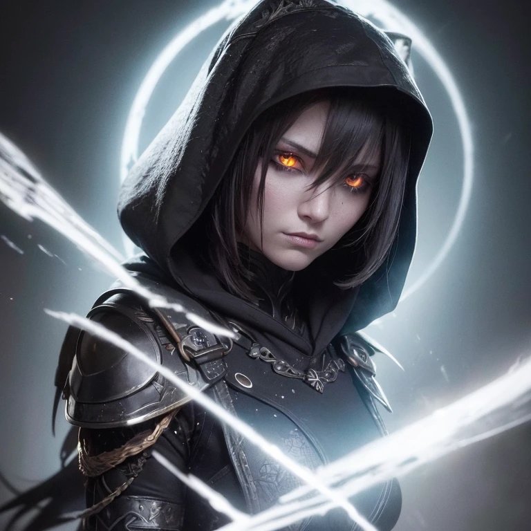 A dark ghostly female silhouette. Messenger of Chaos Gods. Exiled warrior. dark armor. Cracked armor. Canvas hood. Runic circle. Elements. Power from inside. Glowing eyes. Bokeh blur.dissolve.Bad Dream photorealistic, fantastic colors, intricate background