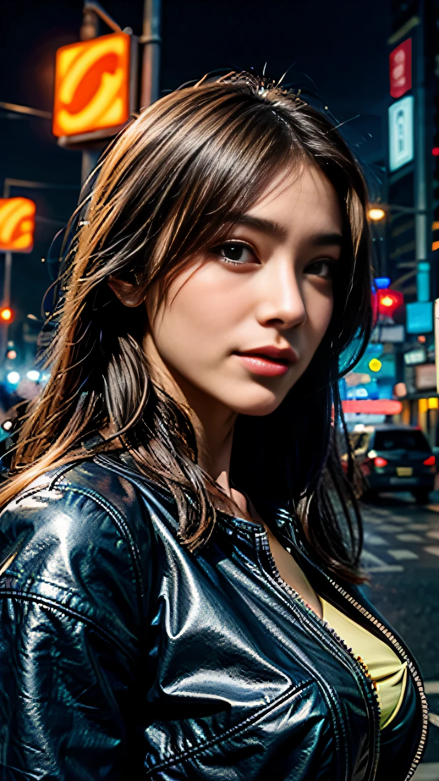 highest quality, realistic, realistic, award-winning illustrations, (intricate details: 1.2), (delicate details), (intricate details), (cinematic light, highest qualityのバックライト), clear line, sharp focus, official art, unity 8k wallpaper, absurd, incredibly absurd, Large archive files, Ultra- (in_main visual_street: 1.21), (neon lamp), fantasy art, nffsw, ((Close-up photos of the award-winning Studio Triangle)), 1 girl, incredibly beautiful, (Perfect smiling mouth), small breasts,((cyberpunk cityscape, Valkyrie,knife, robot arm)),Precise in beautiful eyes,perfect face,(cyberpunk blouse, leather jacket, Martin Boots),(perfect hands and fingers),(pleated skirt)), ((Supermodel Bag)), ((close up of face)),