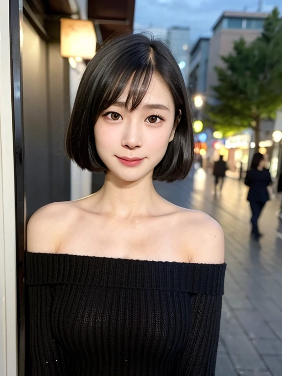 (kawaii 24 year-old Japanese girl, Nogizaka idol, Korean idol), (glossy black hair, pixie cut:1.3), (rounded face, single eyelid, no makeup, soft smiling:1.2), forehead, (wearing off-shoulder knitted sweater:1.3), (well shaped extra small breasts), (looking at viewer:1.2), BREAK, (at night street in downtown background:1.3), (dynamic angle:1.3), BREAK, (masterpiece, best quality, photo realistic, official art:1.4), (UHD, 8K quality wallpaper, high resolution, raw photo, film grain:1.2), (shiny skin), professional lighting, physically based rendering, award winning, (perfect anatomy, highly detailed skin textures, extremely detailed face and eyes, well drawn glittering pupils), Carl Zeiss 85 mm F/1.4, depth of field, 1girl, solo,
