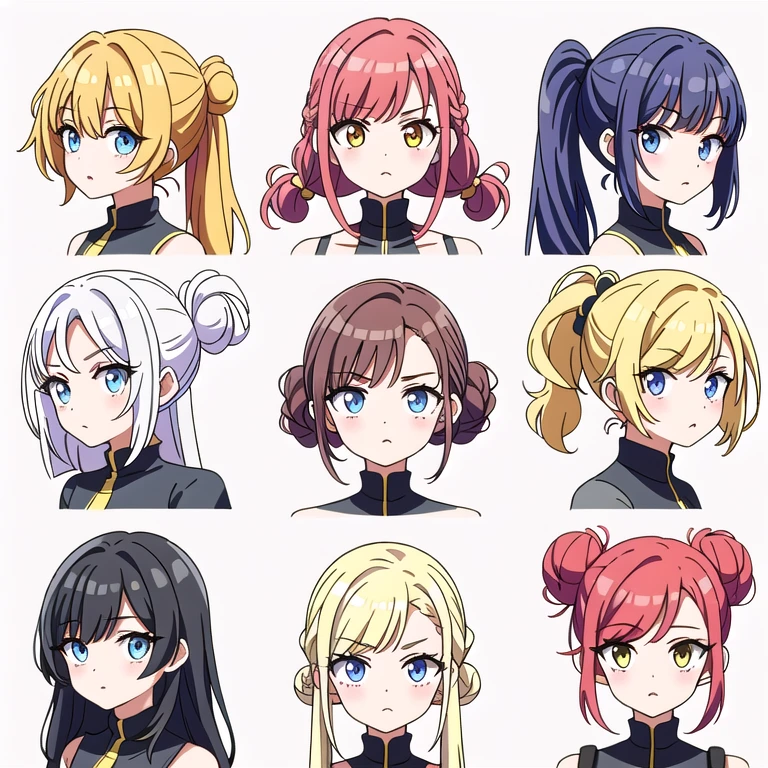 9 girls, white background,  different characters, multiple views, (Close up heads, portrait, mugshot), bra, bare shoulders, bikini, different hair colors, different hair styles, multiple expressions, 
twin-tail hair style, 
pony-tail hair, wavy 
long hair, 
braid, 
parted bangs, 
high ponytail, 
low ponytail, 
big hair, cornrows, 
hair bun, 
hair rings, 
half updo hairstyle, 
diagonal bangs, 
two side up hair, 
flipped hair, 
blunt bangs, 

warm-toned hair colors, 
cool-toned hair colors, 
brown hair color, 
red hair color, 
yellow hair color, 
white hair color, 
purple hair color, 
blue hair color,