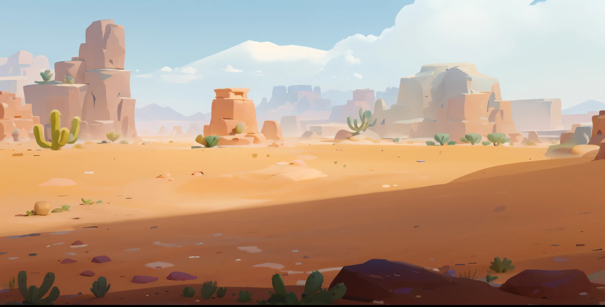 there is a desert scene with a cactus plant and rocks, desert environment, desert landscape, background art, desert scenery, flat desert, desert background, desert wasteland, desert in the background, wandering the desert landscape, desert composition, low detailed. digital painting, desert mesa, desert lands, detailed digital painting, digital painting concept art, painted as a game concept art