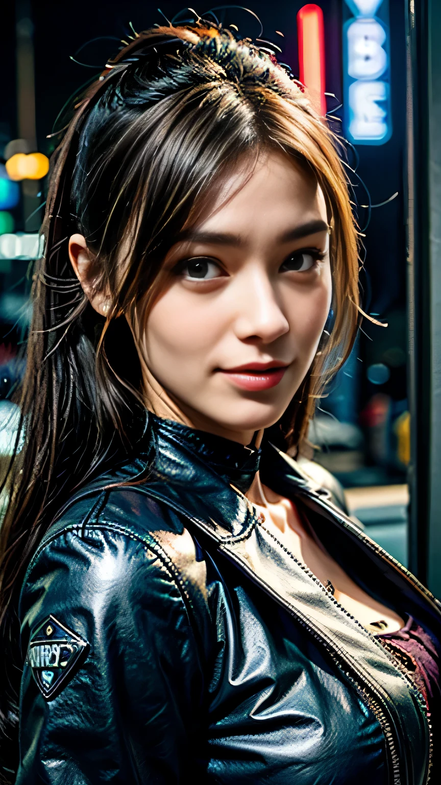 highest quality, realistic, realistic, award-winning illustrations, (intricate details: 1.2), (delicate details), (intricate details), (cinematic light, highest qualityのバックライト), clear line, sharp focus, official art, unity 8k wallpaper, absurd, incredibly absurd, Large archive files, Ultra- (in_main visual_street: 1.21), (neon lamp), fantasy art, nffsw, ((Close-up photos of the award-winning Studio Triangle)), 1 girl, incredibly beautiful, (Perfect smiling mouth), small breasts,((cyberpunk cityscape, Valkyrie,knife, robot arm)),Precise in beautiful eyes,perfect face,(cyberpunk blouse, leather jacket, Martin Boots),(perfect hands and fingers),(pleated skirt)), ((Supermodel Bag)), ((close up of face)),