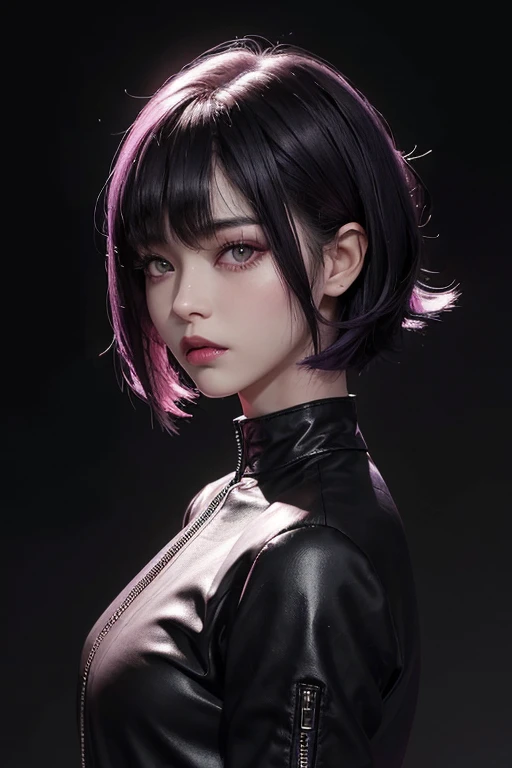 a 20 yo woman, black hair, purple eyes, pink lips, cat eyes, long lashes, (hi-top fade:1.3), pale skin, asian, short wavy hair, black clothes, dark theme, soothing tones, muted colors, high contrast, (natural skin texture, hyperrealism, dark light, sharp)