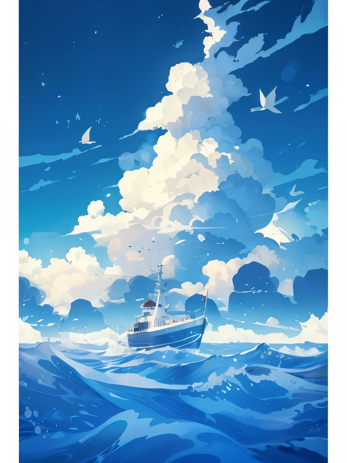 The boat sails forward,Riding the waves at sea,Sunlight on the sea