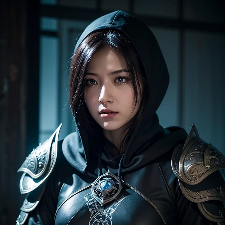 A dark ghostly female silhouette. Messenger of Chaos Gods. Exiled warrior. dark armor. Cracked armor. Canvas hood. Runic circle. Elements. Power from inside. Glowing eyes. Bokeh blur.dissolve.Bad Dream photorealistic, fantastic colors, intricate background