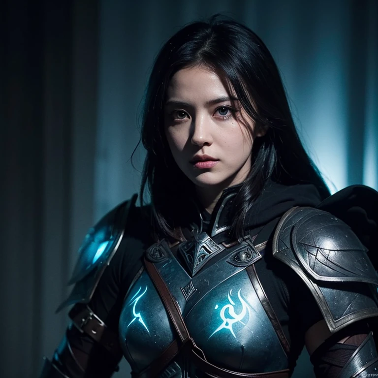 A dark ghostly female silhouette. Messenger of Chaos Gods. Exiled warrior. dark armor. Cracked armor. Canvas hood. Runic circle. Elements. Power from inside. Glowing eyes. Bokeh blur.dissolve.Bad Dream photorealistic, fantastic colors, intricate background