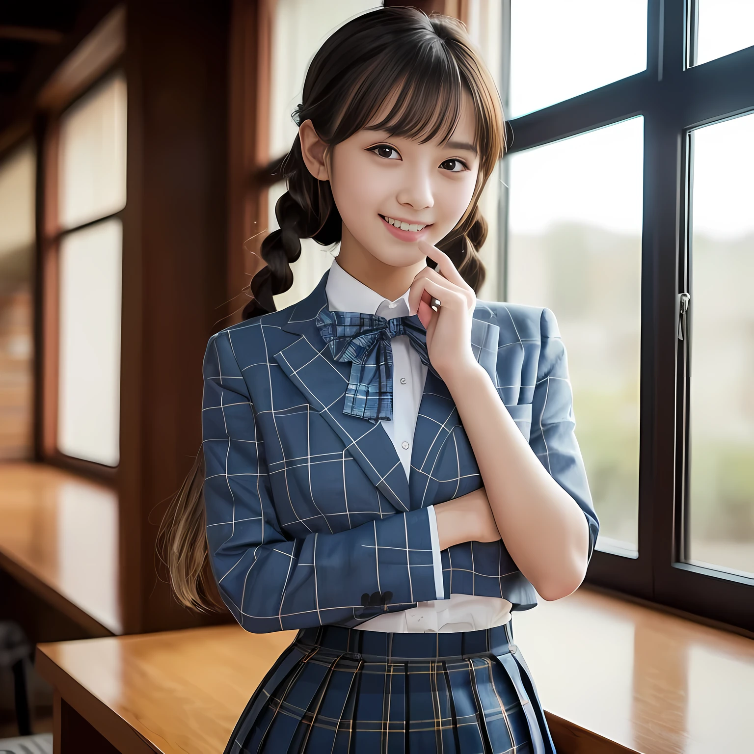 (highest quality、masterpiece:1.2)、highest quality、realistic、photograph、High resolution、1080p、8K、Pale, rough skin、physical rendering、one Japanese girl、、cute, 13 years old, , (((big very detailed beautiful dark brown eyes))), ((girly large wine-red glossy polyester Japanese school ribbon bow tie)), ((((very beautiful long braids hair)))), ((((dark blue blue blue & deep navy colored tartan checkered formal longer pleated skirt)))), ((A formal dark blue blazer that is slightly oversized and has an emblem on the left chest.)), ((Watching the viewer and laughing)), Very fun, Very happy, mouth is open, the skirt is so cute, detailed fingers, modest chest, ((curled bangs)), so beautiful, long eyelashes, (((Touching your hair with your hands))), ((Impressive and very very very cute eyes of Japanese girls)), double eyelids, The entire skirt is photographed, Very cute face, thin sagging eyebrows, Drooping eyes