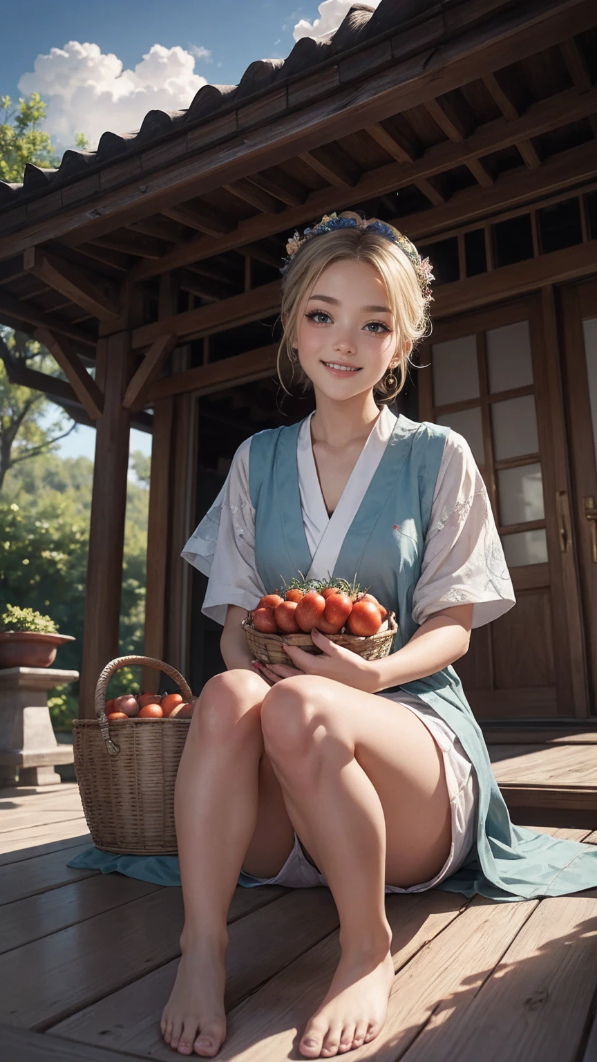 ((最high quality, 8K, masterpiece: 1.3, Ultra HD, high quality, 最high quality, High resolution, realism)) 、A 22-year-old extremely beautiful white woman、Her hair color is platinum blonde、blue eyeedium hair、straight hair、The hair is shiny、The skin is lustrous、smile、Slender but well-proportioned muscular body、Athlete-like body type、I don't want my head to disappear from the screen.、Wearing accessories on your wrist、Wearing red nail polish、I have a peticure、Sitting on the veranda of a Japanese house in the Japanese countryside、It's summer、A wind chime is hung in front of the eaves.、barefoot、There is a basket full of tomatoes and carrots on the veranda.、The basket is made of woven bamboo strips、A courtyard spreads out in front of the verandah.、There is a well with a hand pump in the courtyard.、wear a yukata、The blue sky is beautiful、Cumulus clouds appear、summer sunshine、anatomically correct((anatomically correct))、Ultra high definition((UHD))、textured skin((textured skin))、very detailed((super detail))、high detail((high details))、smile showing teeth((grin))