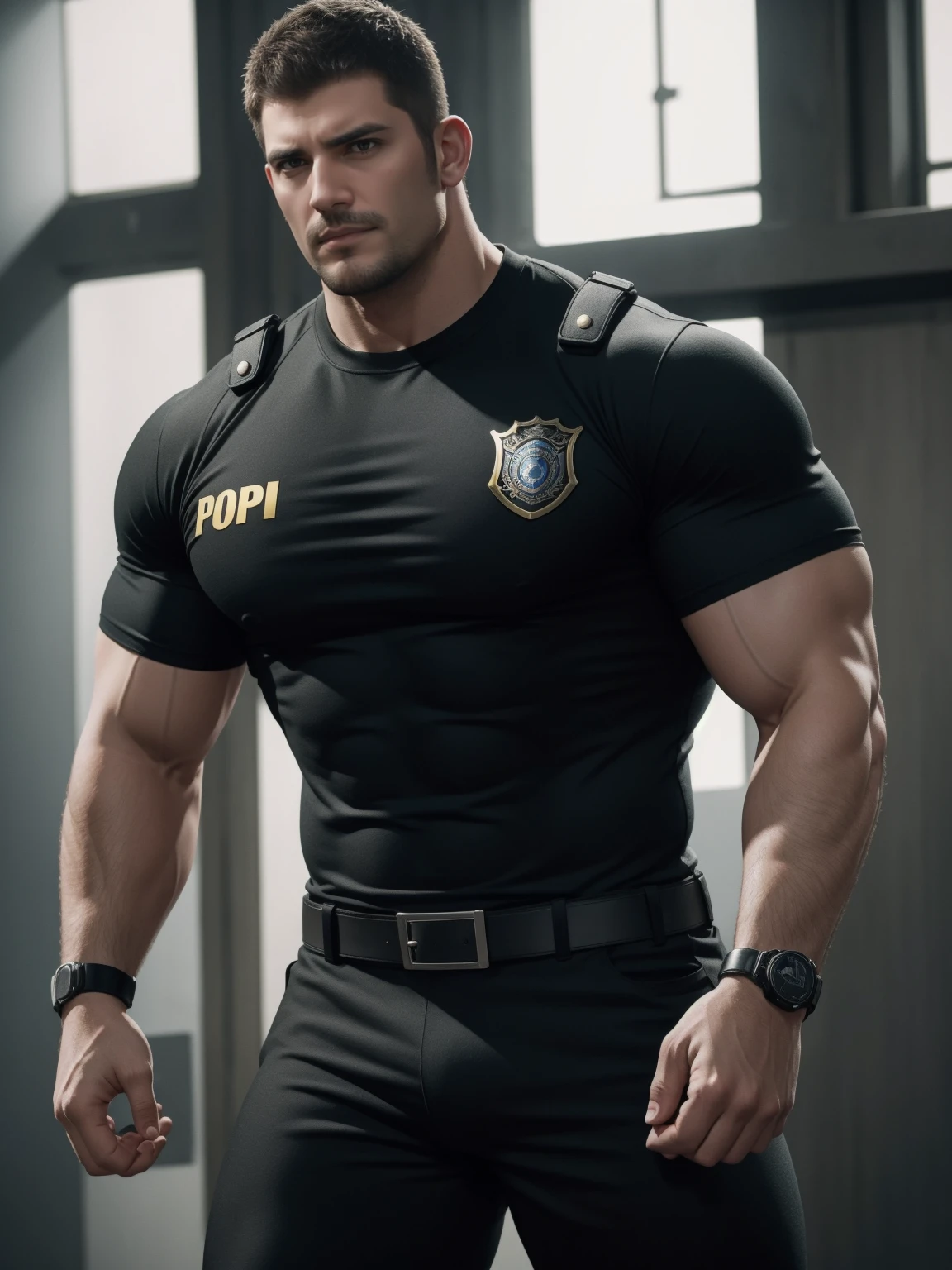 One Tall giant muscular police officer, he was angry, disheveled hair, thick thighs, Yellow and black police officer T-shirt, Very tight, Accentuate muscles, tight yoga pants, character concept（Resident Evil - chris redfield, chris redfield）proud expression, Deep and charming eyes, heroic male pose, tall burly, muscular！muscular thighs, tough guy, perfect facial features, High, burly, Heqiang, Super gain and cool, high resolution committee, Charming strong man, The bright sunshine shines on my face through the window