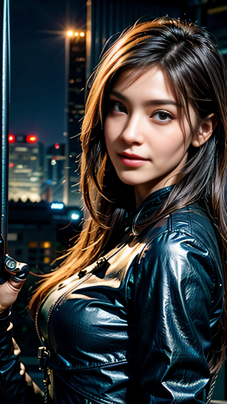 highest quality, realistic, realistic, award-winning illustrations, (intricate details: 1.2), (delicate details), (intricate details), (cinematic light, highest qualityのバックライト), clear line, sharp focus, official art, unity 8k wallpaper, absurd, incredibly absurd, Large archive files, Ultra- (in_main visual_street: 1.21), (neon lamp), fantasy art, nffsw, ((Close-up photos of the award-winning Studio Triangle)), 1 girl, incredibly beautiful, (Perfect smiling mouth), small breasts,((cyberpunk cityscape, Valkyrie,knife, robot arm)),Precise in beautiful eyes,perfect face,(cyberpunk blouse, leather jacket, Martin Boots),(perfect hands and fingers),(pleated skirt)), ((Supermodel Bag)), ((close up of face)),