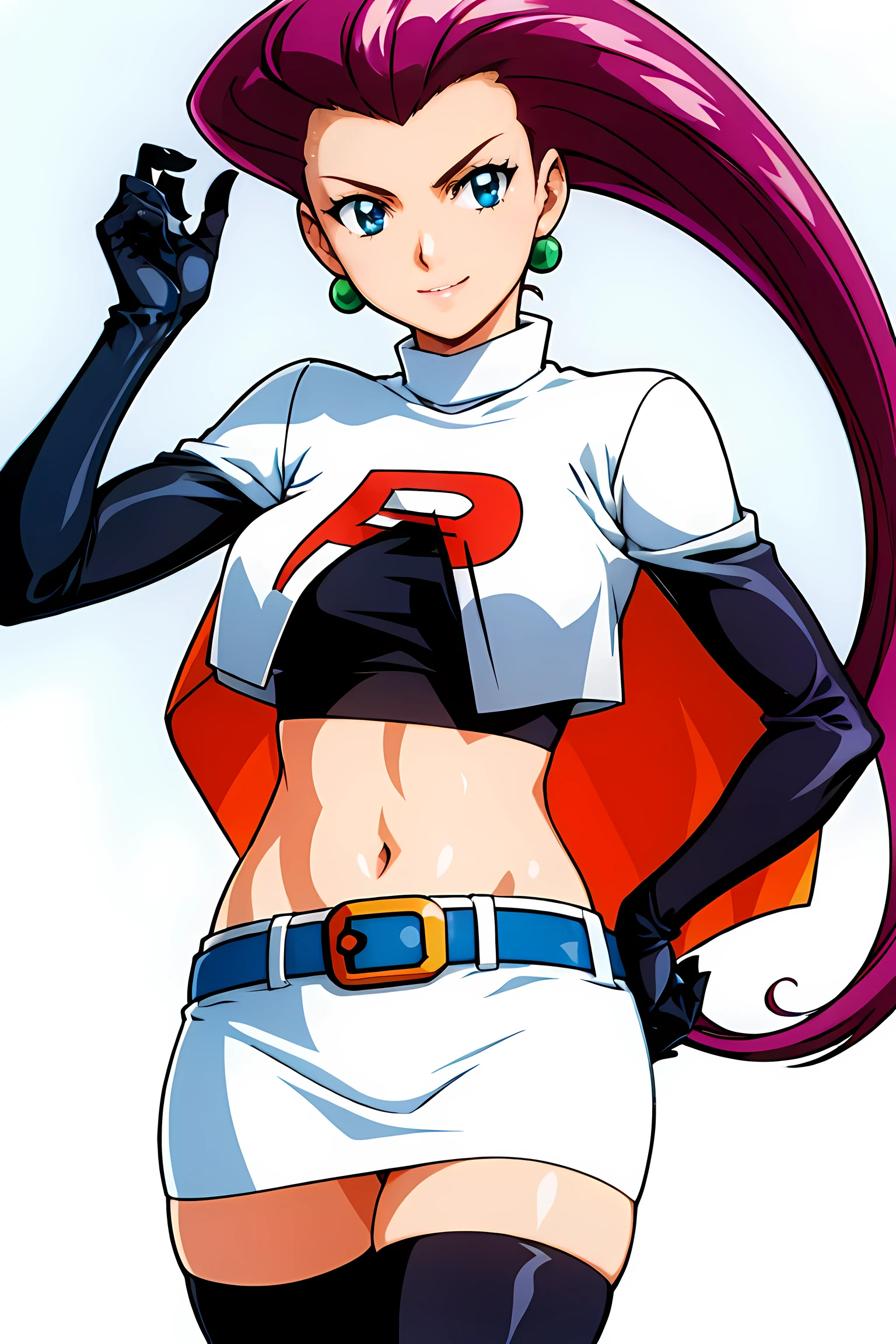 (highest quality:1.3),(ultra-become familiar with:1.5),High resolution,extremely become familiar with CG,unity 8k wallpaper,official art,become familiar with,super become familiar with skin,perfect anatomy,beautiful become familiar with eyes,(anime screenshot:1.11),very delicate and beautiful,(90s anime,90s anime style,cel shaded anime:1.17),1 girl,anmnr, 
((jessie pokemon:1.52)),Team Rocket, gloves, slicked back hair, long hair, jewelry, skirt, belly button, Thighhighs, earrings, elbow gloves, Team Rocket uniform, crop top, blue eyes, abdomen, white background, belt, black gloves, very long hair, simple background, smile, black Thighhighs, purple hair, looking at the viewer, chest, white skirt, miniskirt,open mouth smile