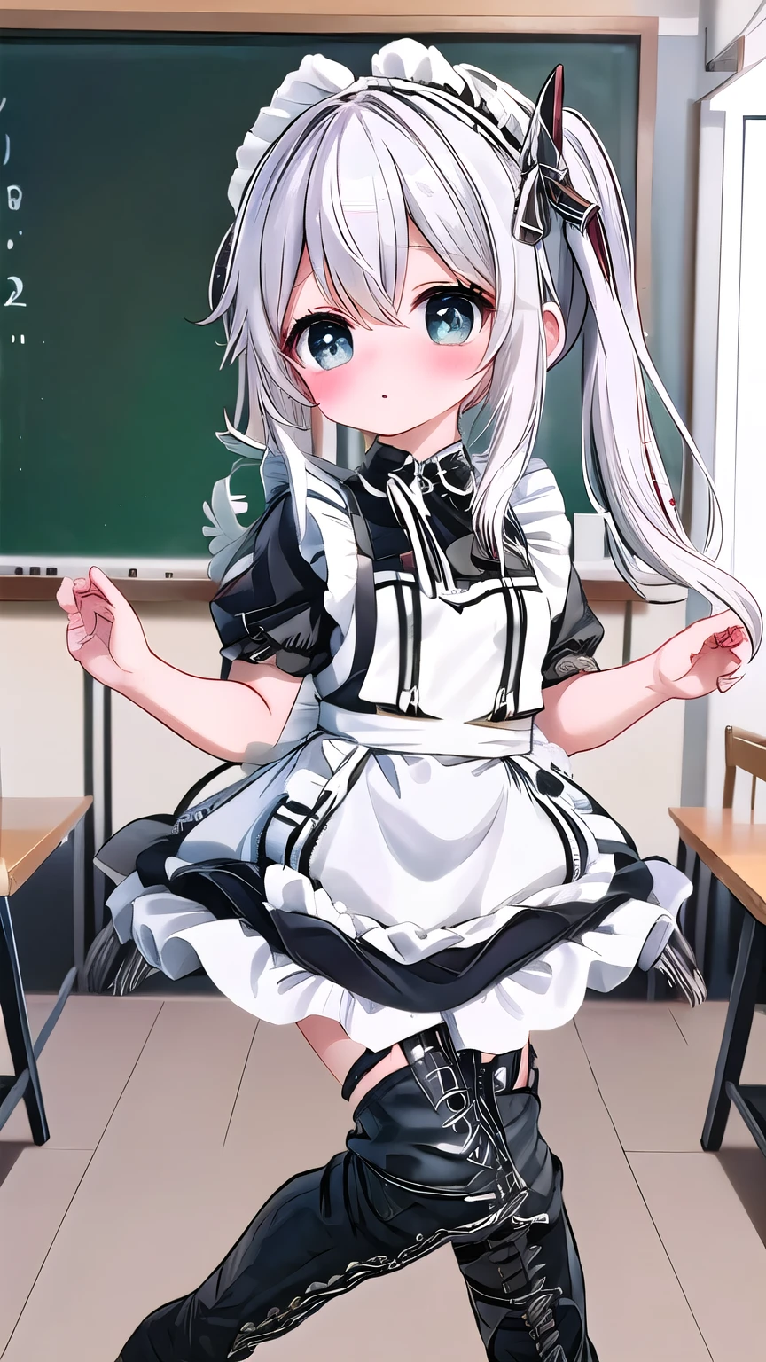 white hair，****，Nasida，maid outfit，Shy，blush，black boots，Classroom scene，for the audience，stand