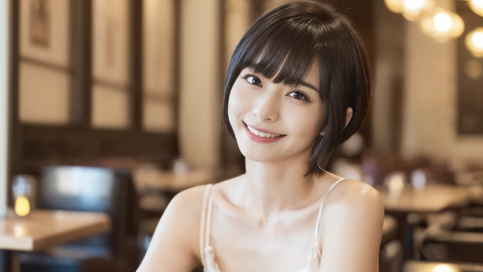 (software:2,table top, highest quality、ultra high resolution、focus on the sides、decolletage focus、Photo taken in a beautiful cafe, very attractive beauty、Add intense highlights to your eyes、look closely at the camera:1.4、絶対にbeautiful bangs:1.4、前髪のあるブルネットのshort bob hair:1.4、short bob hair:1.8),1 girl, black haired, realistic, looking at the viewer, pale brown eyes, short hair, lips, lip gloss, Upper body、Big eyes、eyelash)、((hyper real stick:1.4))、((short hair with bangs:1.4、beautiful bangs:1.4、{ cleavage:2、Big eyes、Give students very powerful highlights、look at the audience、very beautiful beauty、beautiful long neck、beautiful decollete、smile、A smilee beautiful teeth、Open your mouth and smilee))、28 years old、very cute super model、perfect anatomy、Stylish café background:1.8
