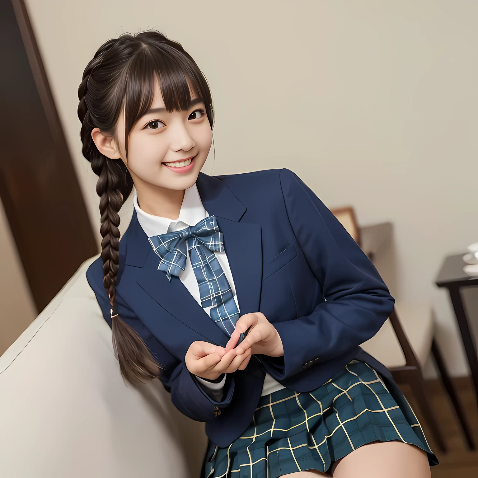 (highest quality、masterpiece:1.2)、highest quality、realistic、photograph、High resolution、1080p、8K、Pale, rough skin、physical rendering、one Japanese girl、、cute, 13 years old, , (((big very detailed beautiful dark brown eyes))), ((girly large wine-red glossy polyester Japanese school ribbon bow tie)), ((((very beautiful long braids hair)))), ((((dark blue blue blue & deep navy colored tartan checkered formal longer pleated skirt)))), ((A formal dark blue blazer that is slightly oversized and has an emblem on the left .)), ((Watching the viewer and laughing)), Very fun, Very happy, mouth is open, the skirt is so cute, detailed fingers, modest , ((curled bangs)), so beautiful, long eyelashes, (((Touching your hair with your hands))), ((Impressive and very very very cute eyes of Japanese girls)), double eyelids, The entire skirt is photographed, Very cute face, thin sagging eyebrows, Drooping eyes