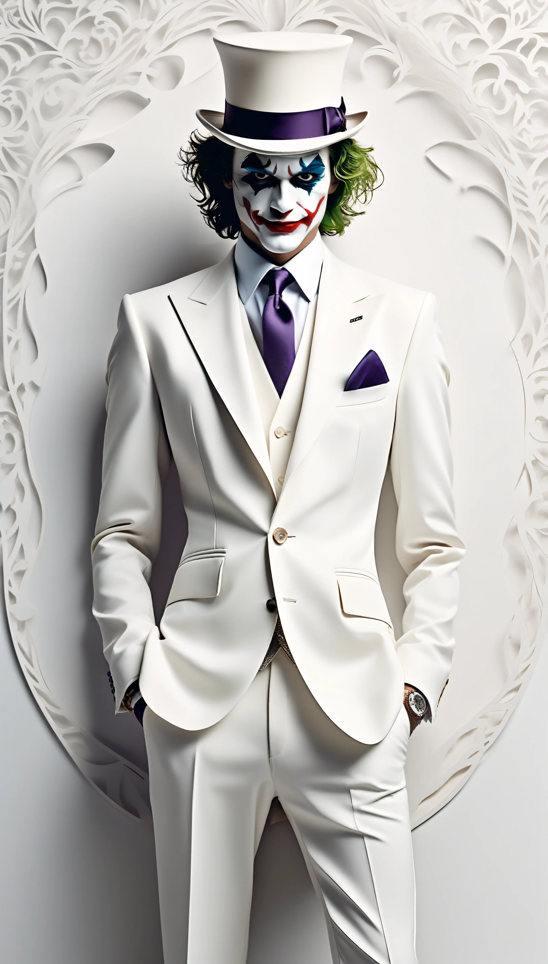 Minimalist fasion photo of a Joker in white suit and hat. White filigree background,