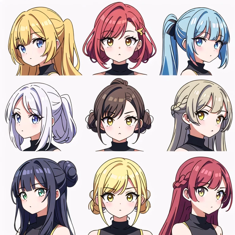 9 girls, white background,  different characters, multiple views, (Close up heads, portrait, mugshot), bra, bare shoulders, bikini, different hair colors, different hair styles, multiple expressions, 
twin-tail hair style, 
pony-tail hair, wavy 
long hair, 
braid, 
parted bangs, 
high ponytail, 
low ponytail, 
big hair, cornrows, 
hair bun, 
hair rings, 
half updo hairstyle, 
diagonal bangs, 
two side up hair, 
flipped hair, 
blunt bangs, 

warm-toned hair colors, 
cool-toned hair colors, 
brown hair color, 
red hair color, 
yellow hair color, 
white hair color, 
purple hair color, 
blue hair color,