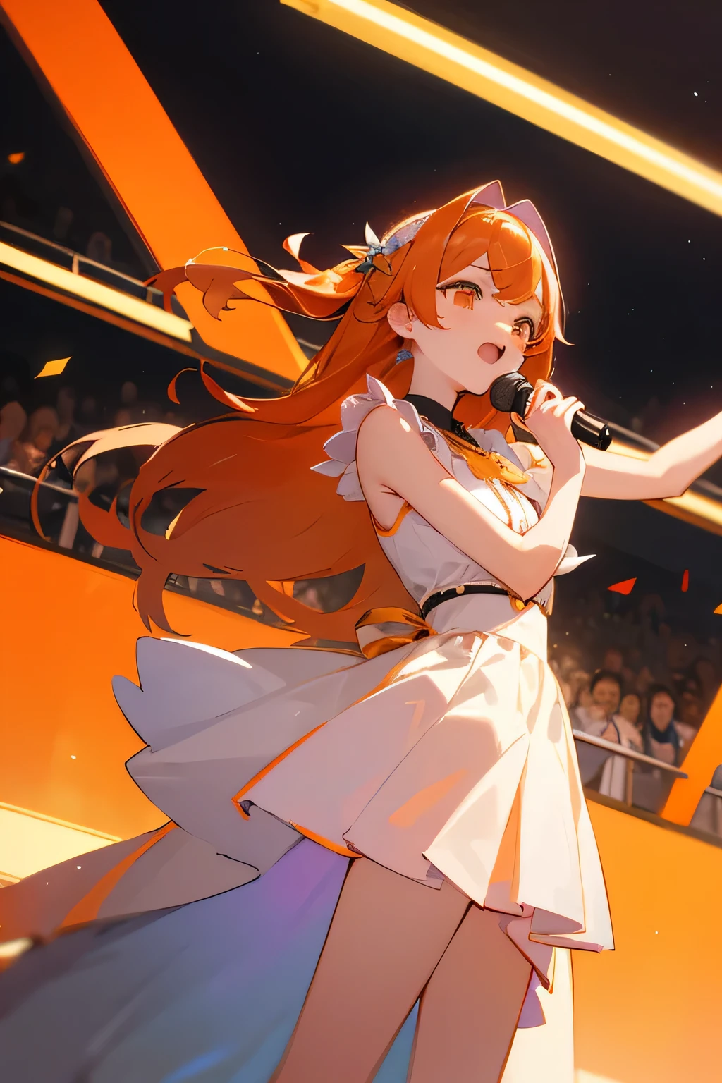 (masterpiece、highest quality)、VTUBER idols are singing songs、facing the front、orange hair